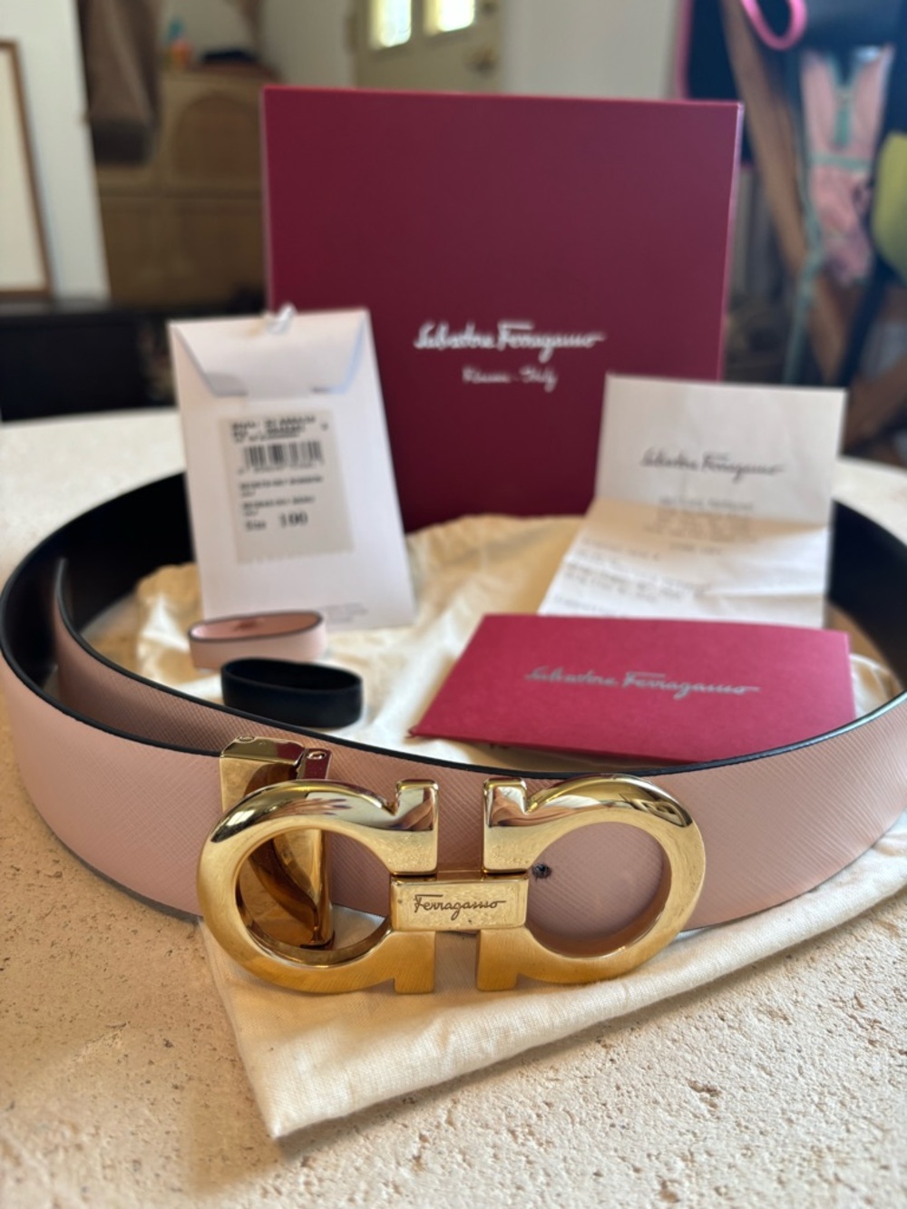 Ferragamo Black and Pink Leather Belt with Gold Gancini Buckle